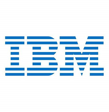 IBM logo in blue horizontal stripes.
