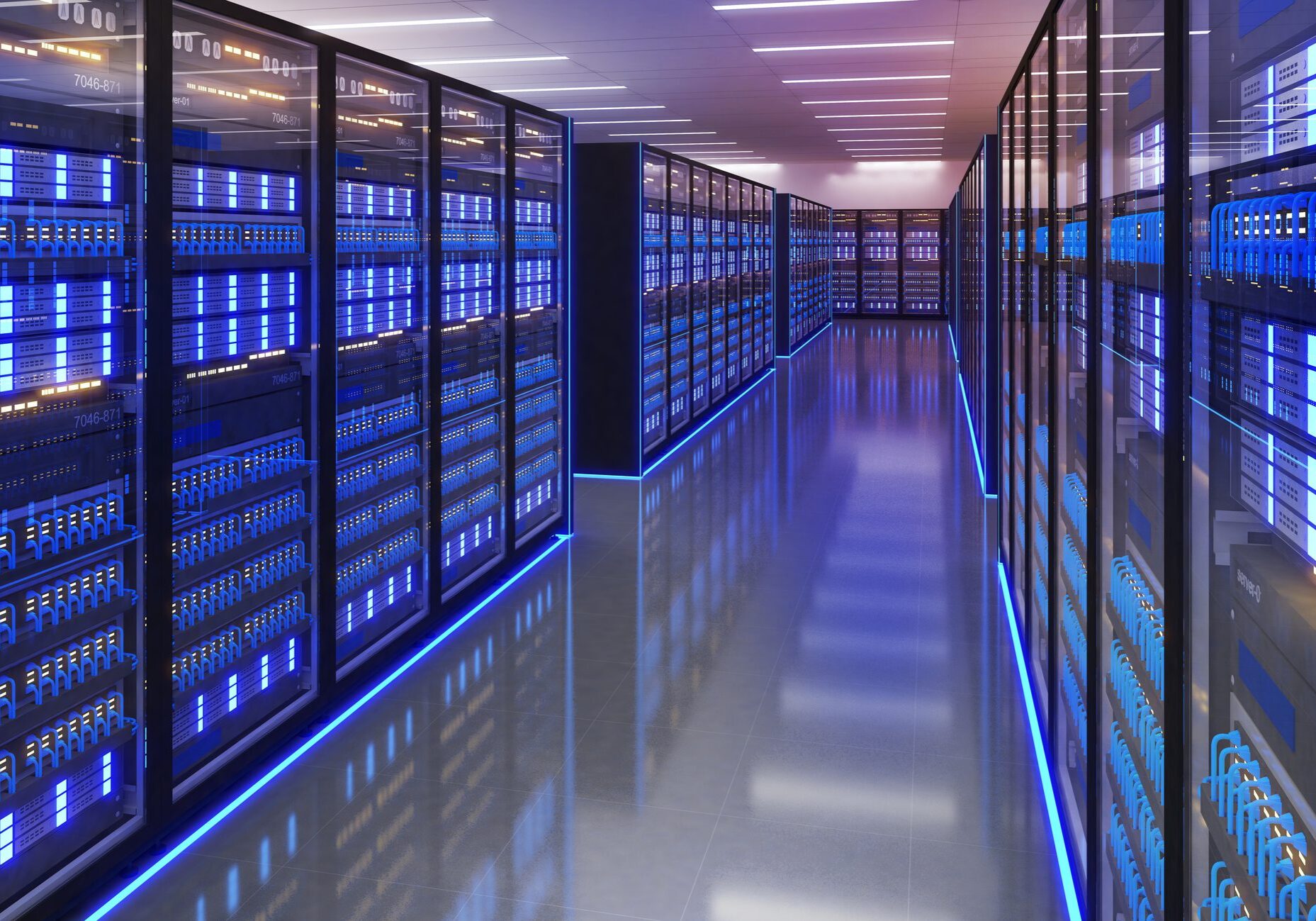 Modern data center with illuminated server racks.