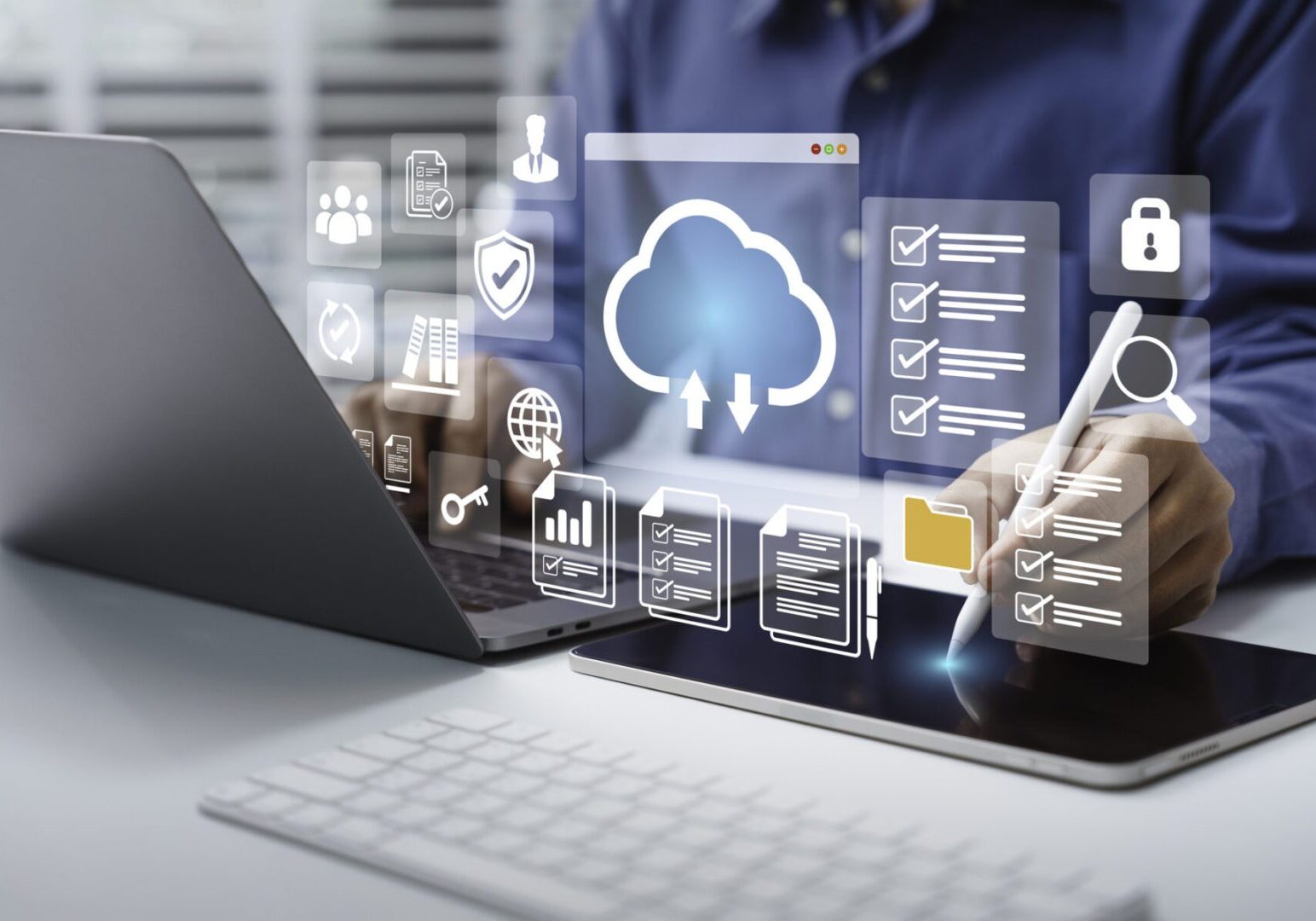 Person using cloud technology on devices.