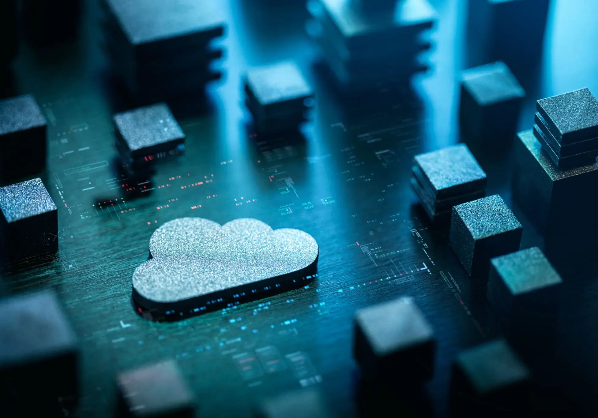 A cloud-shaped chip on a circuit board symbolizing cloud technology.